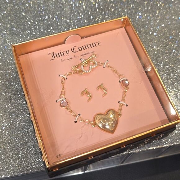 Juicy Couture Logo Heart Locket Bracelet & J Stud Earring Set - Picture 3 of 6